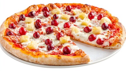 Delicious Pizza Topped with Pineapple and Cranberries on a White Plate