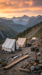 Old mining camp at sunrise. with canvas tents and prospecting tools set against a breathtaking mountain backdrop.