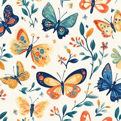 Colorful butterflies and floral pattern; textile design