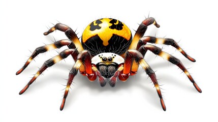 Close-Up of a Colorful Spider with Distinct Black and Yellow Patterns on White Background