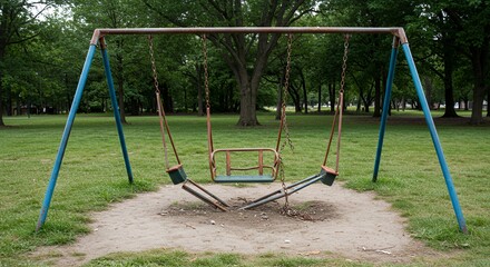 Dilapidated Broken Blue and Brown Swing Set Isolated on White Background in a Park Evoking Childhood Loss Ideal for Clean Ads and Promotion with Realistic Texture and Detail