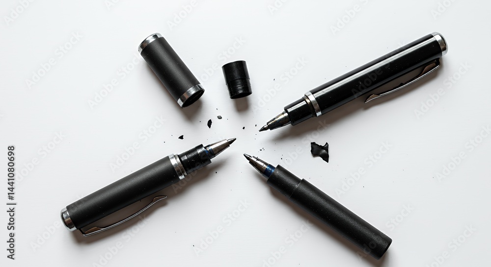 Poster disassembled black ballpoint pen with ink smudges on white background representing damage isolated o
