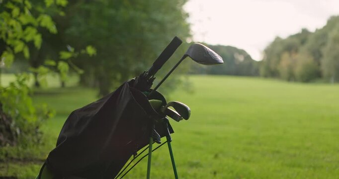 Golf club, hobby and course or recreation, lawn and outdoors or game, performance and equipment. practice and activity or exercise, mockup and nature or caddy, kit and bag for leisure, grass or sport