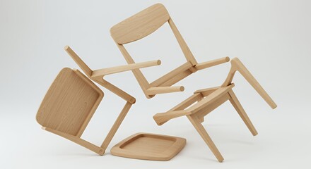 Disassembled Light Brown Wooden Chair Broken Parts Floating Isolated Against White Backdrop a Symbol of Damage Repair and Renewal Perfect for Decoration and Symbolic Imagery