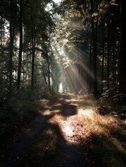 Obraz premium Sunlight shines through the tall trees and leaves onto the dirt road