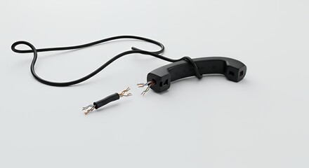 Disconnected Black Phone Cord Severed on White Backdrop Communication Line Conceptualized for Ads Promotion Clean Studio Shot Realistic Recycle and Reuse Idea
