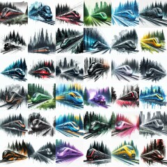 Futuristic train moving along forest. Watercolor style. AI generated illustration