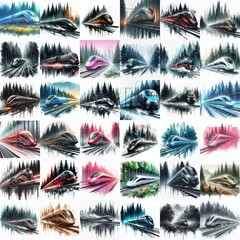Futuristic train moving along forest. Watercolor style. AI generated illustration