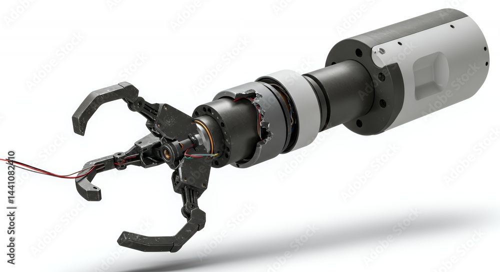 Poster dismantled robotic arm with broken gripper isolated on white screen in a clean studio setting sugges