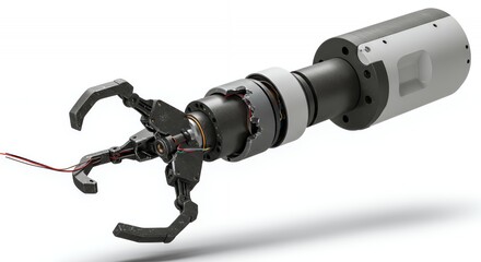 Dismantled Robotic Arm with Broken Gripper Isolated on White Screen in a Clean Studio Setting Suggesting Technological Failure