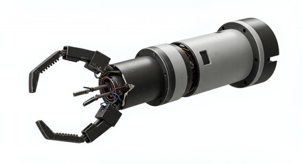 Dismantled Robotic Arm with Broken Gripper on White Screen Background Showcasing Technological Failure and Mechanical Despair Emphasizing Themes of Obsolescence