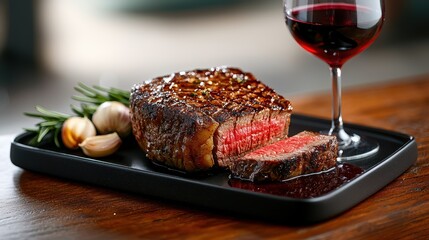 Red wine steak culinary masterpiece featuring succulent beef with perfect grill marks, burgundy sauce drizzle, herb accents and complementary glass of ruby wine in restaurant-quality presentation