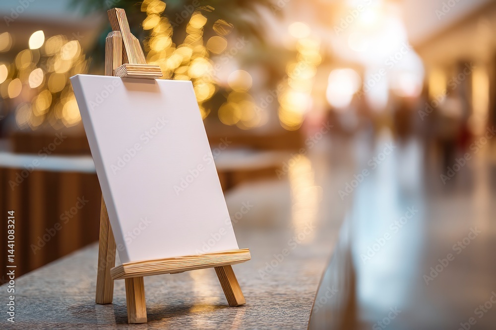 Poster blank canvas easel on countertop with bokeh lights in background display