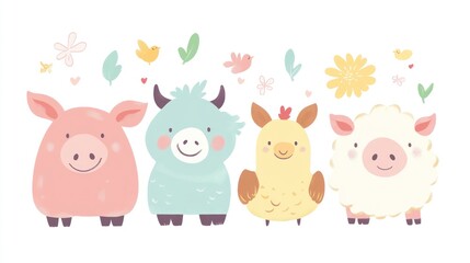 Fototapeta premium Cute farm animals spring illustration, flowers, birds