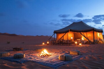 Berber Desert Camp with Tents and Fire Under Starry Night Sky