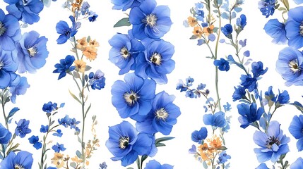 Seamless pattern of blue flowers with delicate petals and green leaves on a white background