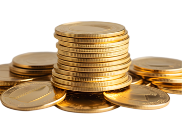 Stacks of golden coins money growth concept isolated on a transparent background,Stack of Golden Coins Isolated on White for Finance Concepts: Wealth and Investment Imagery: Gold, Coins, Stack, Isolat