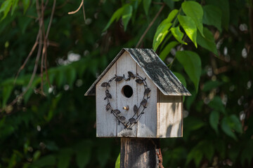 Wooden bird house with rugged, vintage exterior and heart shaped decorations hanging in a tree of green leaves.