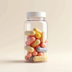 suppliments,3d suppliments bottle,realistic suppliments, transparent suppliment bootlles, tablets, multiple bottles,medicine,without label,glass jar multi color,capsules, omega 3 capsules, vitamins,  
