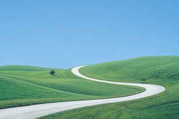 Fototapeta premium Winding Road Lined with Cypress Trees Through Green Fields Under Blue Sky