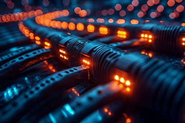 Close-up of glowing network cables with bright orange lights in a dark server environment.