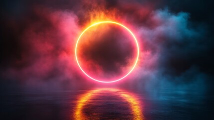 Eclipse Ring Illuminated by Neon Light Over a Reflective Surface Surrounded by Mysterious Smok