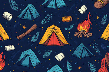 Nighttime camping pattern with tents, marshmallows, and campfires on a starry dark sky.