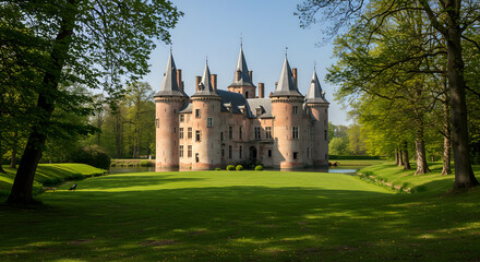 Medieval castle with turrets and moat