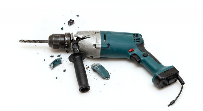 Fractured Teal and Gray Power Drill on White Background for Recycle Ads Promotion and Presentation