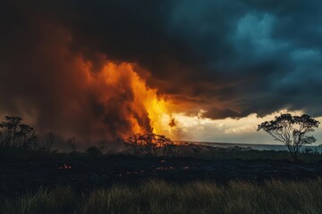 Dramatic lava field with sparse vegetation under stormy skies near volcanic ridge