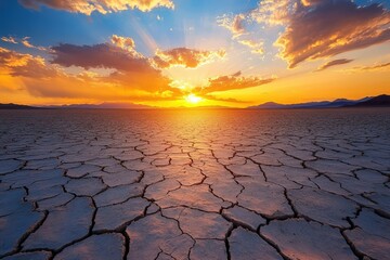 Lone Dirt Road Through Cracked Desert Landscape at Dramatic Sunset