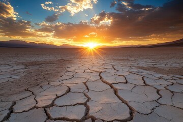 Lone Dirt Road Through Cracked Desert Under Dramatic Sunset Sky