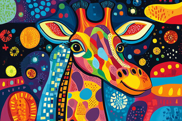 Vibrant abstract giraffe portrait painted in bold, multicolored geometric patterns.