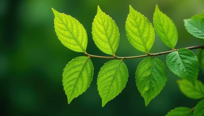 Fototapeta na wymiar Symmetrical leaf arrangement on a branch, natural repetition, botanical, woodland, detail
