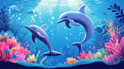 Fototapeta premium Dolphins playing in vibrant coral reef