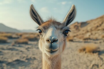 Obraz premium Close-Up of Curious Guanaco in Arid Desert Landscape with Cinematic Light
