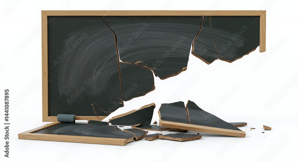 Poster fragmented chalkboard isolated on white backdrop symbolizing memory fading of beloved teacher realis