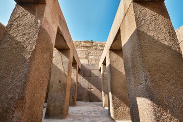 Massive Pillars within the Valley Temple of Khafre, also known as the Granite Temple. Khafre's Mortuary Temple complex at the Great Sphinx of Giza © BERK OZDEMIR