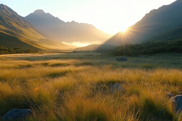 Sunrise Mist Over Grassy Valley with Mountains and Rocks
