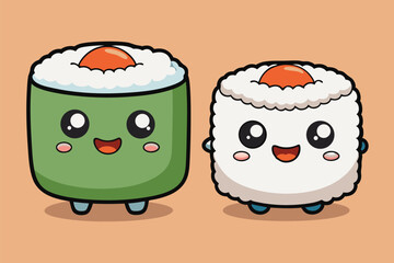 Fototapeta premium Cute vector illustration of smiling sushi characters with happy expressions, ideal for food-related graphics or children's designs