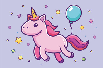 Fototapeta premium Colorful unicorn with a balloon surrounded by confetti in a playful celebration setting
