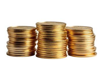 Stacks of golden coins money growth concept isolated on a transparent background,Stack of Golden Coins Isolated on White for Finance Concepts: Wealth and Investment Imagery: Gold, Coins, Stack, Isolat