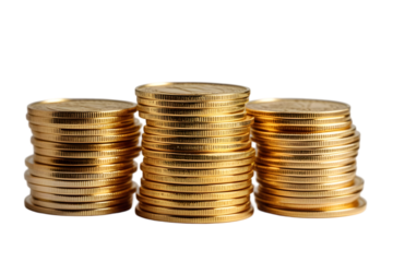 Stacks of golden coins money growth concept isolated on a transparent background,Stack of Golden Coins Isolated on White for Finance Concepts: Wealth and Investment Imagery: Gold, Coins, Stack, Isolat