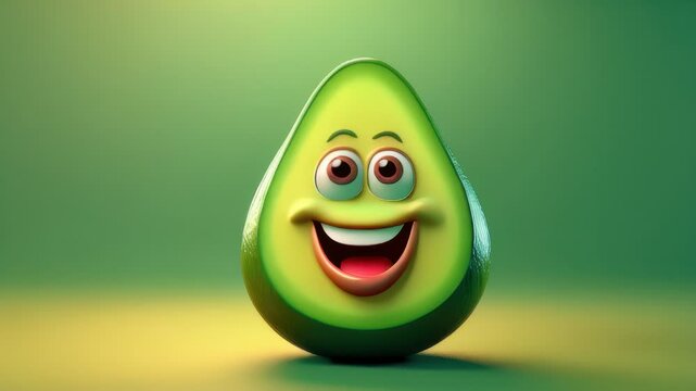 Cartoon avocado with eyes and mouth smiling on green background