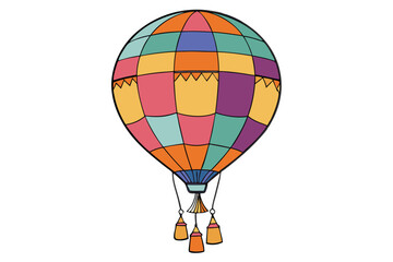 Fototapeta premium Colorful vector illustration of a hot air balloon featuring patchwork design flying against a clear sky during daytime adventure