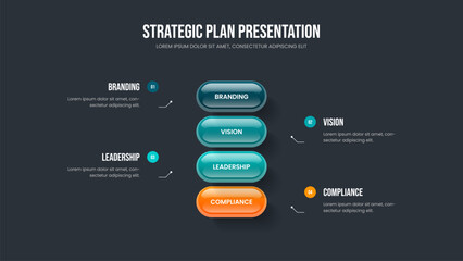 Advertising Launch Four Step Infographic Presentation Design. Creative Strategy Slide Template Vector Illustration. Enterprise Development 4 Element Diagram Frame Layout.