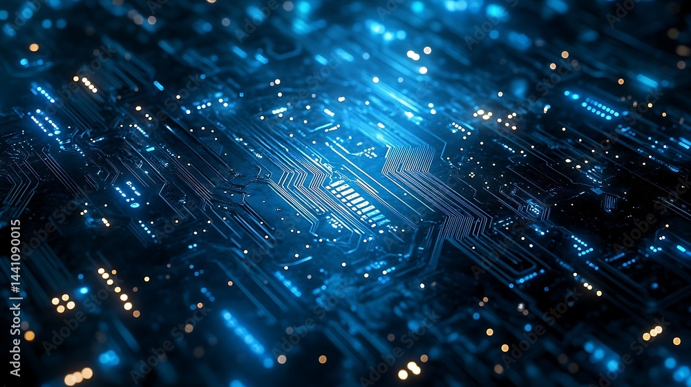 Poster Close-up of a glowing blue circuit board with intricate patterns and lights