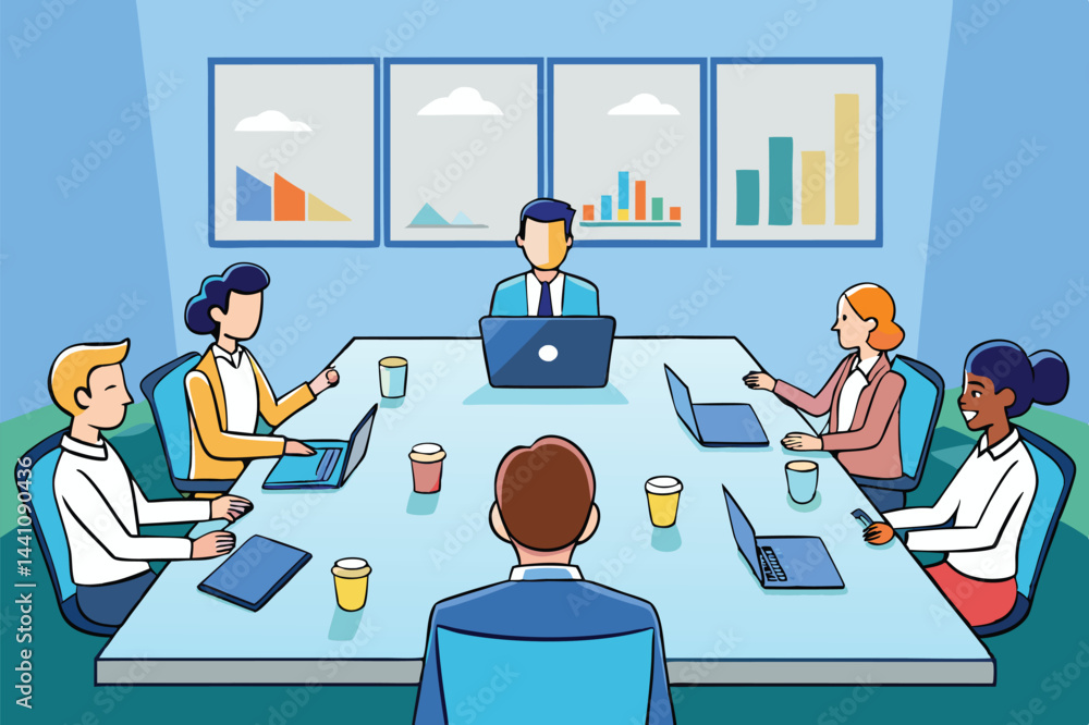 Poster business meeting in a modern office with team members collaborating using digital devices during a p