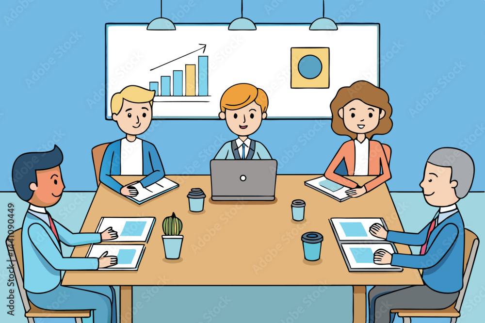 Poster business meeting in a modern office with team members collaborating using digital devices during a p
