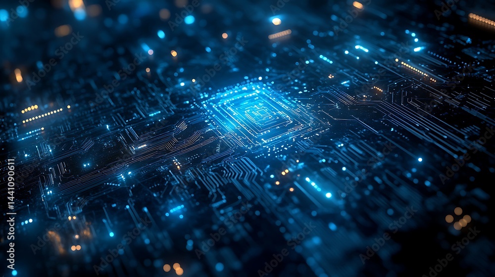 Poster Close-up of a glowing blue circuit board with intricate patterns and lights